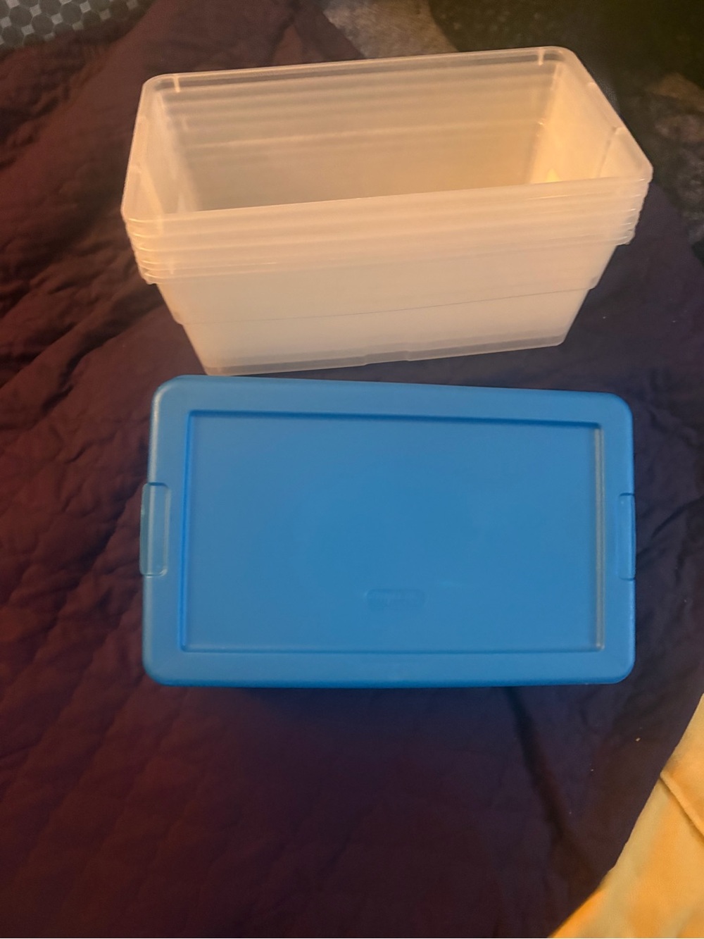 Blue Plastic Storage Covers with Clear Stackable Boxes - Home Organization